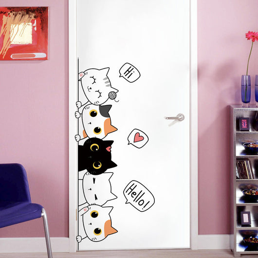Cute cartoon cat wall sticker featuring five cats in white, black, and orange with speech bubbles. - Image 4