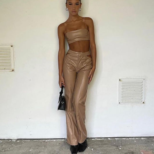Conjunto de Dos Piezas: Chaleco de Cuero PU y Pantalón Recto para Mujer - Image 10