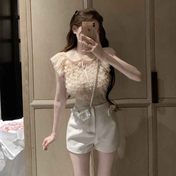 Blusa Elegante con Lazo Francés y Cuello de Solapa en Chifón