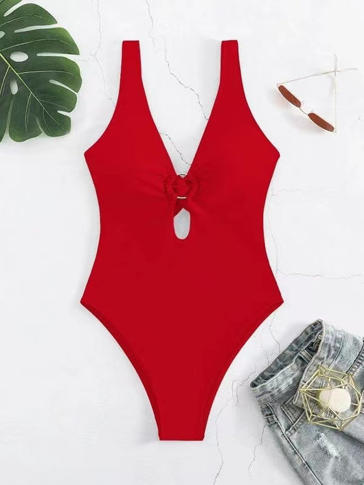 Women's lavender one-piece swimsuit with a deep V-neck, silver O-ring detail, and a keyhole cutout at the bust. - Image 18