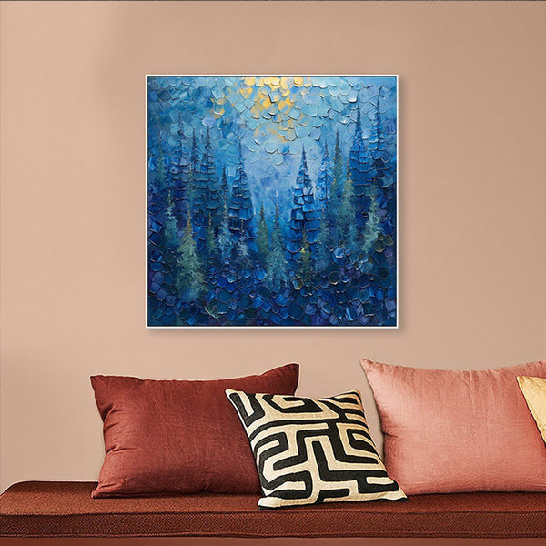 Cuadro Abstracto Bosque Azul Misterioso - Pintura al Óleo Vintage Paisaje Natural para Sala de Estar