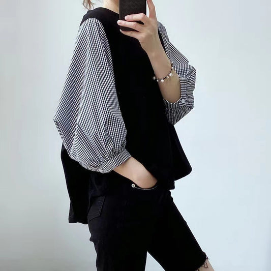 Blusa Suelta de Cuello Redondo con Bloques de Color - Estilo Japonés y Coreano - Image 2
