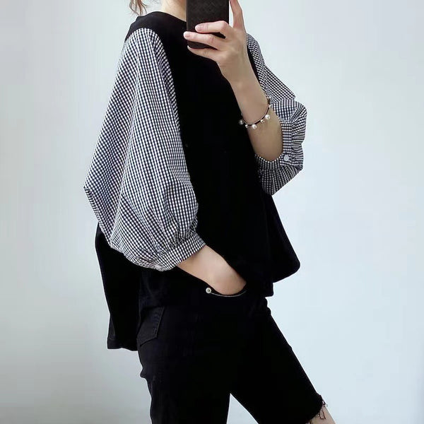 Blusa Suelta de Cuello Redondo con Bloques de Color - Estilo Japonés y Coreano