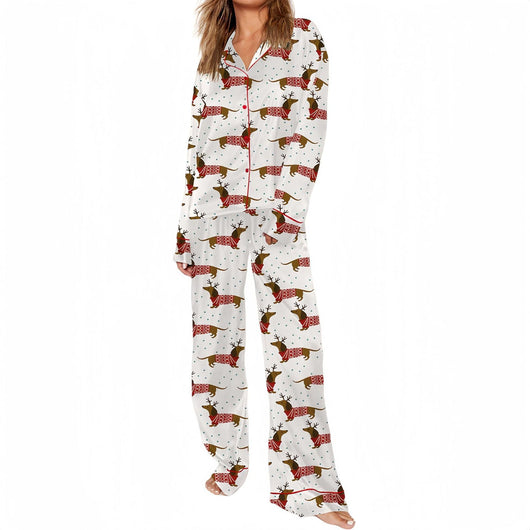 White short-sleeve pajama set with red and green Christmas tree and star print, featuring green piping. - Image 10