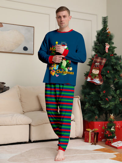 Child's blue long-sleeve Christmas pajamas with a dinosaur graphic and red and green striped pants. - Image 22