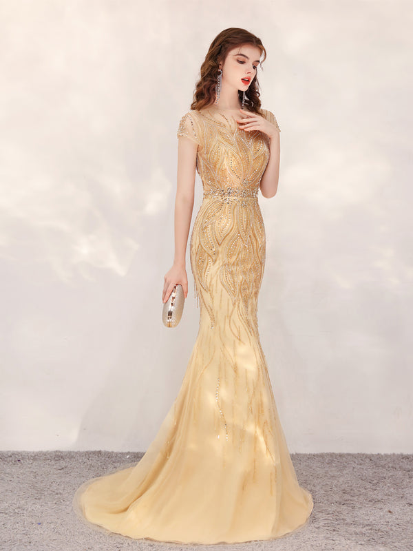 Vestido de Noche Dorado con Cola de Sirena - Elegancia Sofisticada para Anfitrionas