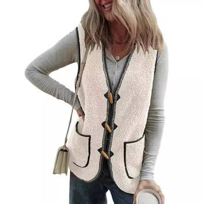 Chaleco Cardigan Sin Mangas de Contraste de Colores en Felpa para Mujer - Image 3