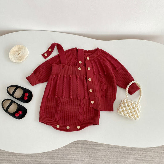 Conjunto de Dos Piezas: Enterizo Tejido con Bolas de Burbujas y Abrigo para Bebé Niña - Image 2