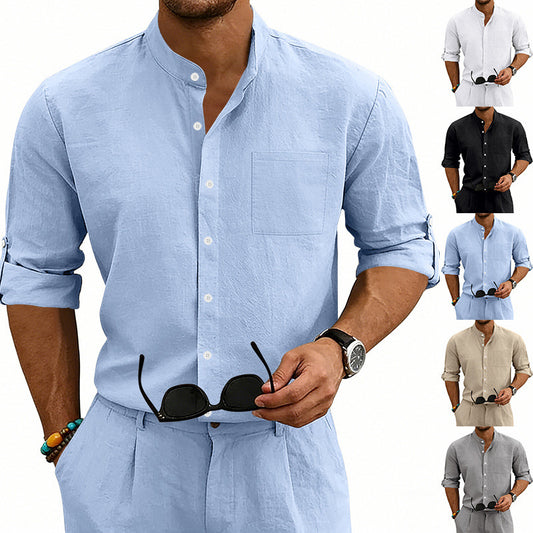 Camisa de Lino Estilo Americano con Cuello Mao y Mangas Medianas para Hombre