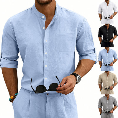 Camisa de Lino Estilo Americano con Cuello Mao y Mangas Medianas para Hombre