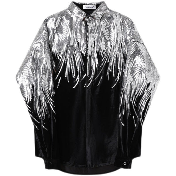Camisa de Terciopelo con Lentejuelas y Bordados de Plumas para Hombre