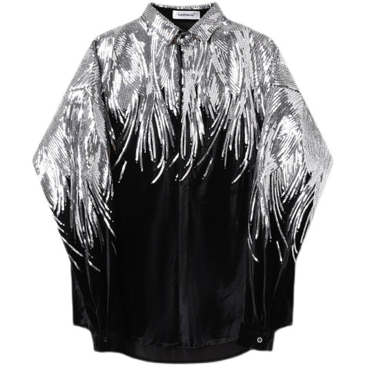 Camisa de Terciopelo con Lentejuelas y Bordados de Plumas para Hombre