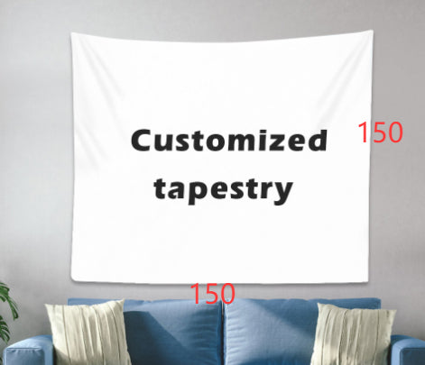 White customizable tapestry with "Customized tapestry" text, hanging on a gray wall above a blue sofa. - Image 5