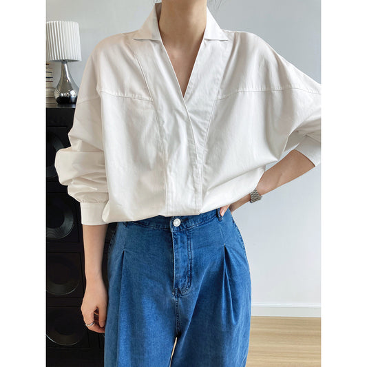 Blusa Retro Vintage con Cuello Solapa y Mangas Murciélago - Corte Holgado Primavera