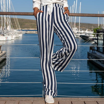 Pantalones de Lino y Algodón a Rayas para Mujer - Blanco Roto Casual - Image 2