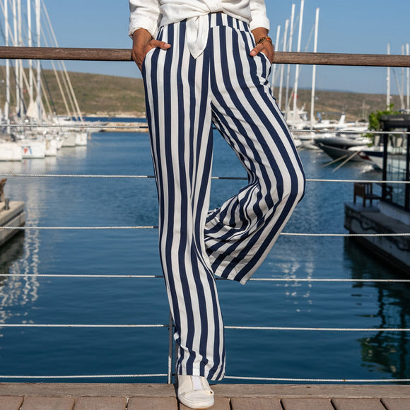 Pantalones de Lino y Algodón a Rayas para Mujer - Blanco Roto Casual
