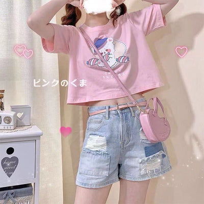 Blusa Crop Top Japonesa Suelta y Fresca - Camiseta Corta Versátil de Cintura Alta - Image 9