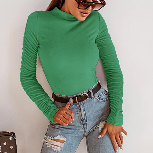 Blusa Plisada de Manga Larga Color Sólido - Elegancia Versátil
