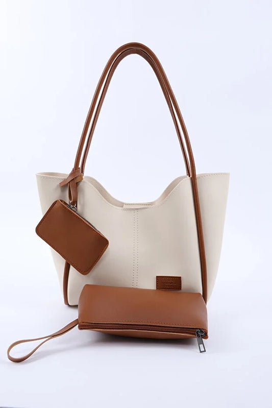 Bolso de Cuero Sintético Cream Tan - Bandolera y Hombro con Billetera y Neceser