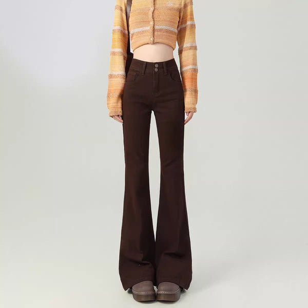 Pantalones Acampanados Talle Alto Moldeadores Marrón para Mujer Petite