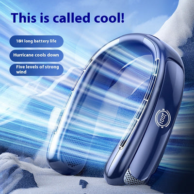 Light blue U-shaped neck fan with a digital display showing 100% charge and multiple air vents. - Image 4