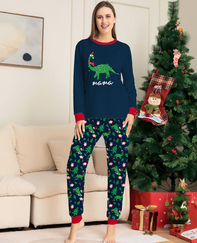 Blue baby long-sleeved pajama set with red trim, featuring a Christmas dinosaur wrapped in lights and "baby" text. - Image 11