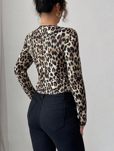 Cardigan Blusa Manga Larga Estampado Leopardo con Contraste de Colores para Mujer - Image 10