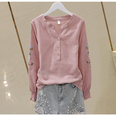 Blusa de Algodón con Escote V y Bordado Plisado Manga Larga - Image 10