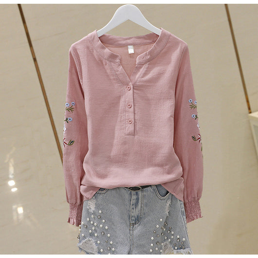 Blusa de Algodón con Escote V y Bordado Plisado Manga Larga - Image 10
