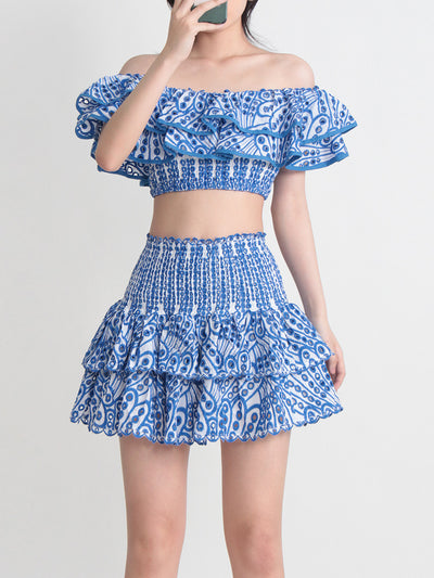 Conjunto de Playa Elegante: Blusa Corta con Cuello y Volantes + Falda Cintura Alta - Image 9