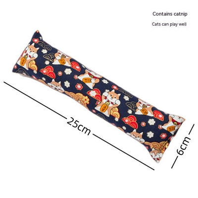Dark blue catnip pillow toy with white cat, fish, and paw print patterns, measuring 25cm long. - Image 9