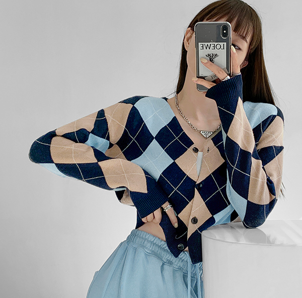 Cardigan Tejido Cuadros Diamante Retro para Mujer - Abrigo Suéter Manga Larga