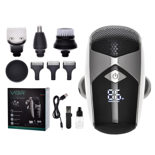 Six-in-one men's electric shaver kit with digital display, multiple interchangeable heads, comb attachments, and charging cable.