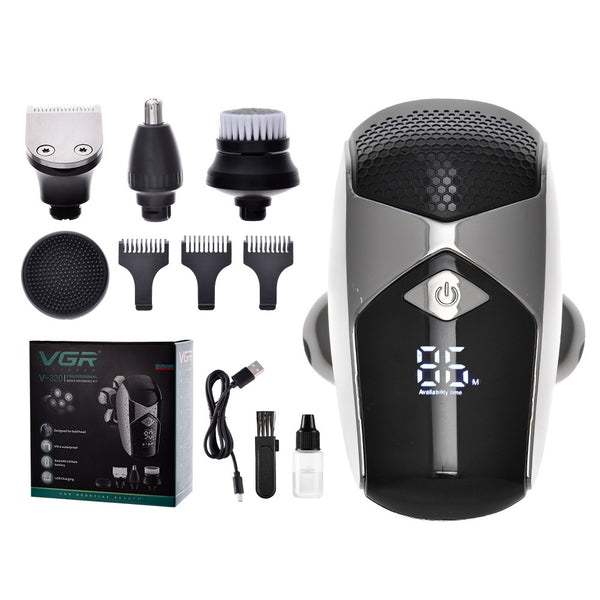 Six-in-one men's electric shaver kit with digital display, multiple interchangeable heads, comb attachments, and charging cable.