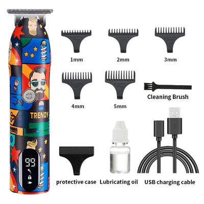 Professional electric hair clipper with a colorful graffiti design, digital display, and a set of guide combs. - Image 7