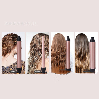 Five rose gold and black interchangeable hair styling attachments, including a round brush and various curling barrels. - Image 5