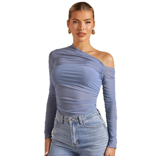 Blusa Larga de Malla Plisada con Manga Larga y Correa al Hombro para Mujer - Image 5