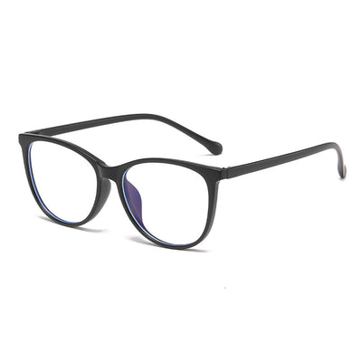Black full-frame round anti-blue light glasses held by a hand with a gold ring and light blue gradient nails. - Image 5