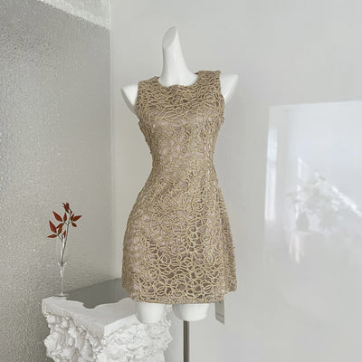 Vestido Midi Elegante Ajustado con Bordado 3D en Hilo Dorado - Image 9