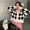 Cardigan Tejido Contraste Diamante Cuello V Mujer Estilo Retro Oversize