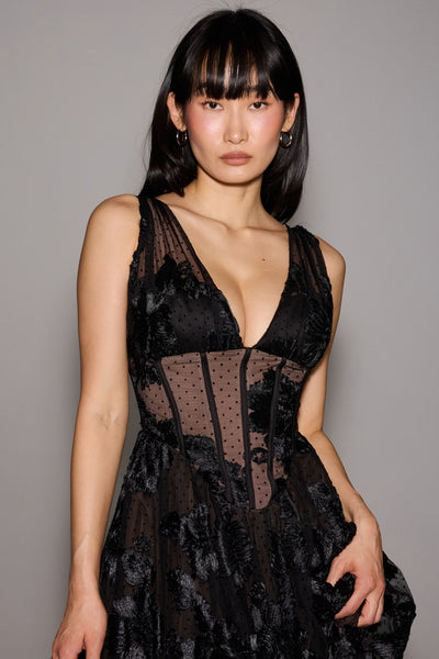 Vestido de Noche Elegante Negro Escote en V Profundo Malla - Image 6