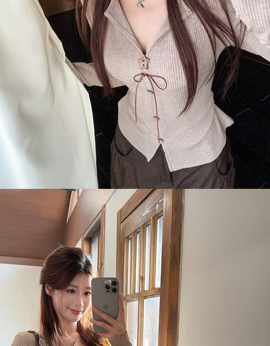Blusa Elegante Francesa Cuello V Manga Larga Ajustada con Botones - Image 21