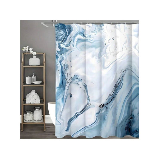 Blue and white marble pattern shower curtain made of polyester, hanging from a silver shower rod in a modern bathroom.
