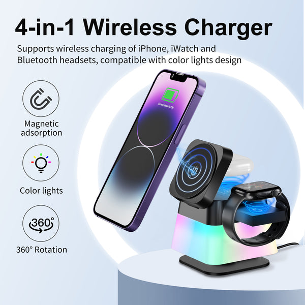 Cargador Inalámbrico Magnético Rotatorio 4 en 1 con Luz LED para iPhone 15, 14, 13, 12 Pro Max