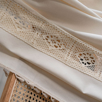 Beige crochet and plaid stitching short curtain with tassels, made from polyester cotton, hanging in a cozy room. - Image 40
