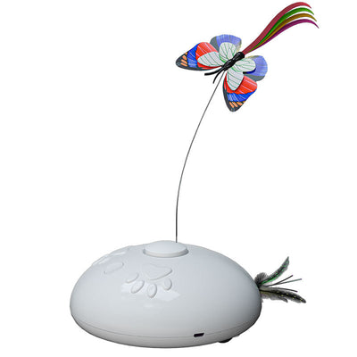White electric cat toy with a colorful butterfly on a flexible wire and green feathers extending from the base. - Image 6