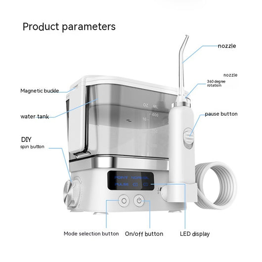 White household handheld portable oral irrigator with 600ml water tank, LED display, two nozzle tips, and USB cable. - Image 3