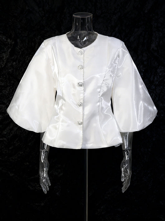 Blusa Cuello Redondo con Mangas Farol - Diseño Clásico de Botón Único - Image 3