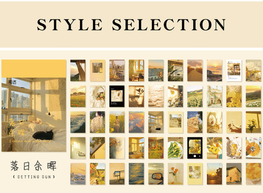 Set of 50 retro style decorative stickers featuring various purple and pink themed landscapes, skies, and abstract designs. - Image 44