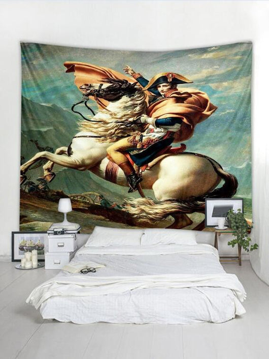 Napoleon Crossing the Alps tapestry featuring Napoleon Bonaparte on a rearing white horse, displayed above a bed. - Image 2